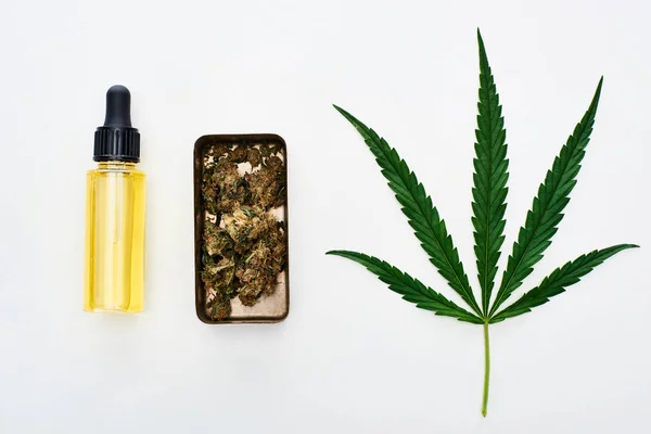 Ansicht von grünem Cannabisblatt, cbd-Öl und Marihuana-Knospen in Metallbox isoliert auf weiß — Stockfoto