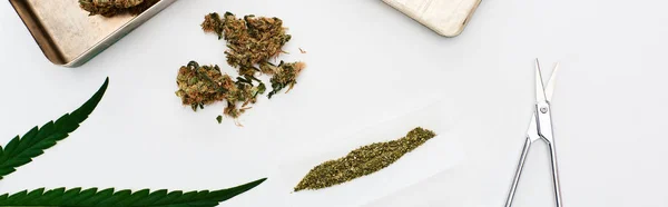 Ansicht von grünem Cannabisblatt, Papier, Schere und Marihuana-Knospen isoliert auf weißem, panoramischem Foto — Stockfoto