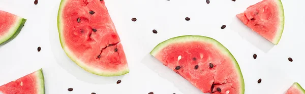 Panoramic shot of fresh tasty watermelon slices on white background — Stock Photo