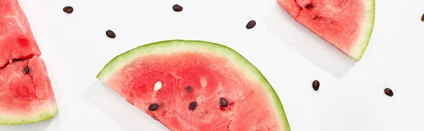 Panoramic shot of delicious watermelon slices on white background — Stock Photo