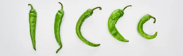Panoramic shot of green and whole peppers on white background — Stock Photo