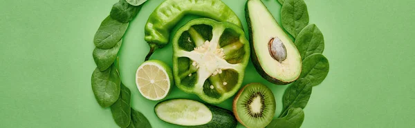 Panoramic shot of peppers, cucumber, kiwi, lime, greenery and avocado — Stock Photo