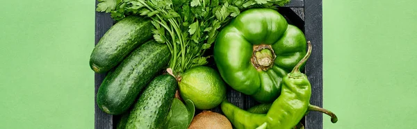 Panoramic shot of fresh cucumbers, kiwi, limes, peppers and greenery in wooden box — Stock Photo