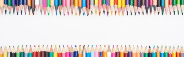Panoramic shot of color pencils isolated on white with copy space — Stock Photo