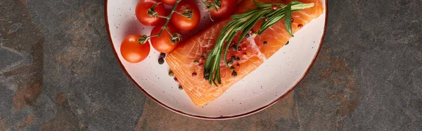 Panoramic shot of raw salmon steak with tomatoes, rosemary and pepper on plate — Stock Photo