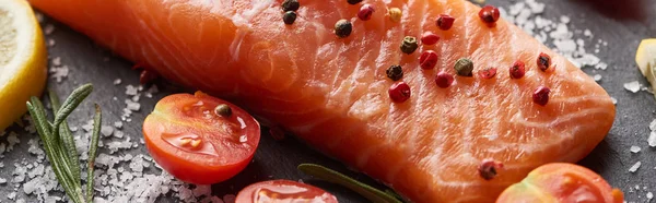 Salmão cru com sal e tomates em tábua de pedra, tiro panorâmico — Fotografia de Stock