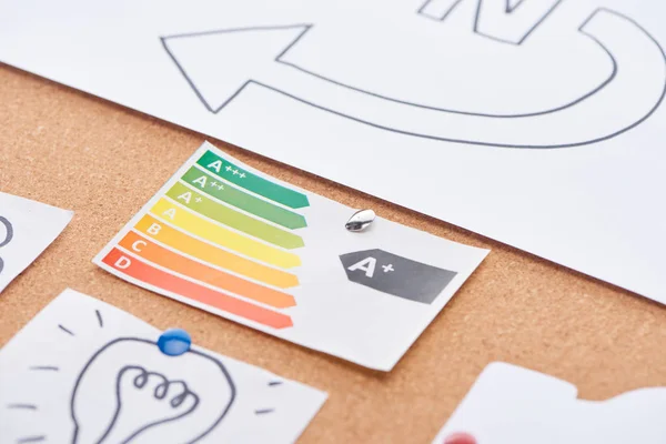 Papierkarte mit farbigem Diagramm mit Regenbogenspektrum und Ideenschild-Zeichnung auf Kork-Bürokarton geheftet — Stockfoto