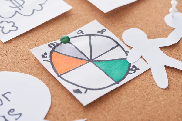 Cards with pie diagram pinned on cork office board — Stock Photo