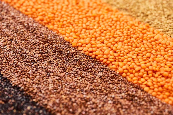 Vista de perto de trigo mourisco torrado seco e lentilha vermelha — Fotografia de Stock
