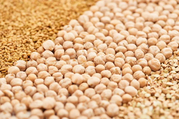 Vue rapprochée du pois chiche cru entre les grains assortis — Photo de stock