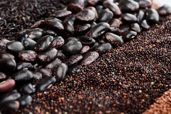 Vista de perto de arroz selvagem, feijão preto e quinoa — Fotografia de Stock