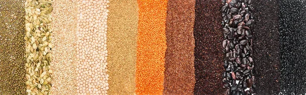 Plan panoramique de haricots noirs assortis, riz, quinoa, lentille rouge, sarrasin, pois chiche, graines de citrouille et maash — Photo de stock