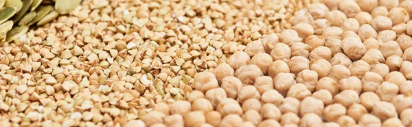 Colpo panoramico di grano saraceno crudo e ceci — Foto stock