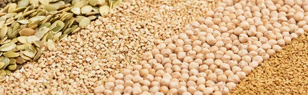 Tiro panorâmico de sementes de abóbora, grão de bico e trigo mourisco cru — Fotografia de Stock