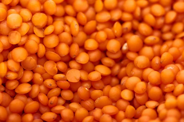 Vista da vicino dei semi di lenticchia rossa cruda — Foto stock