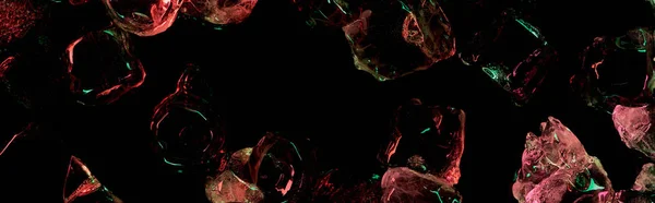 Panoramic shot of clear ice cubes with red and green colorful lighting isolated on black — Stock Photo