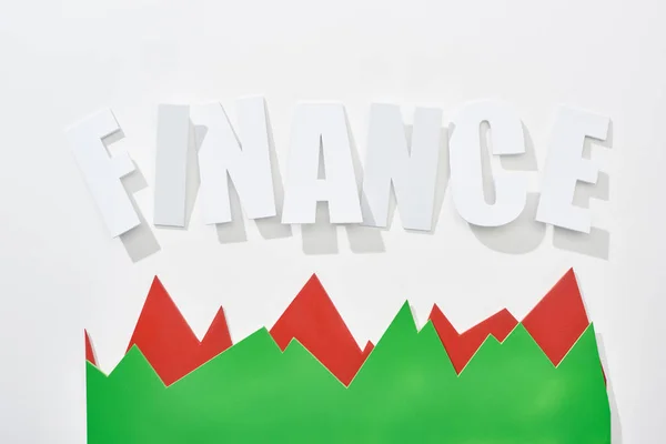 Top view of finance inscription with red and green statistic graphs on white background — Stock Photo