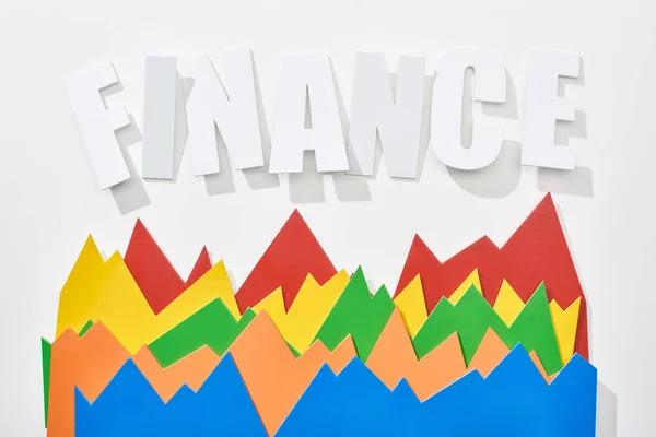 Top view of finance inscription with multicolor statistic graphs on white background — Stock Photo