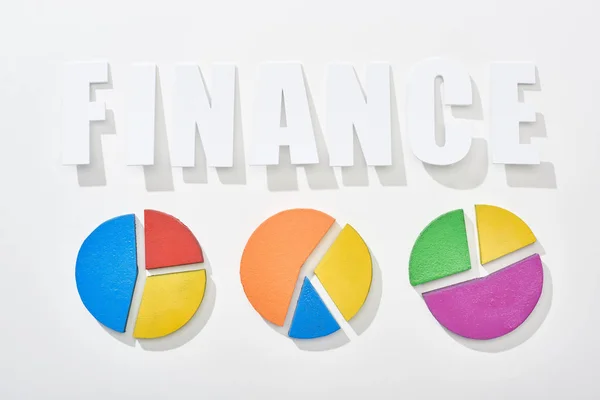 Верхний вид финансовой надписи возле многоцветных диаграмм пирога на белом фоне — стоковое фото