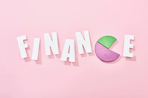 Top view of finance inscription with color pie diagram instead e letter on pink background — Stock Photo