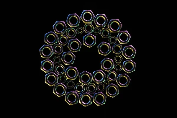 Close up view of metal nuts circle isolated on black — Stock Photo