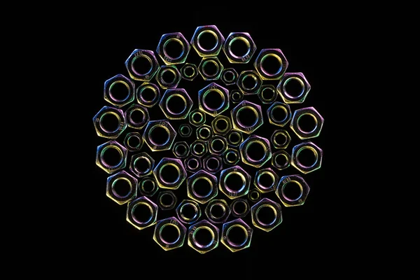 Close up view of steel nuts circle isolated on black — Stock Photo