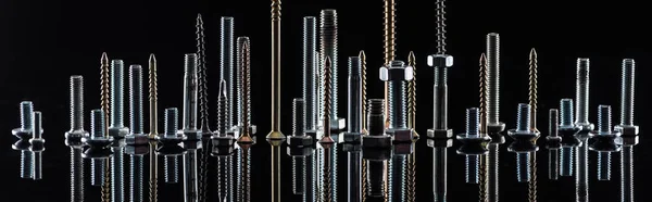 Panoramic shot of diverse spotless metallic screws isolated on black — Stock Photo