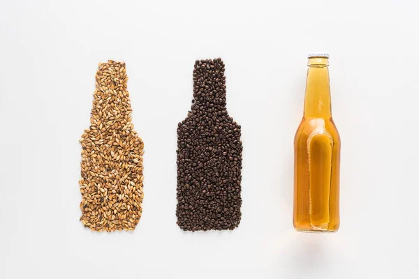 Vista superior de garrafa de cerveja leve perto de trigo e grãos de café isolados em branco — Fotografia de Stock