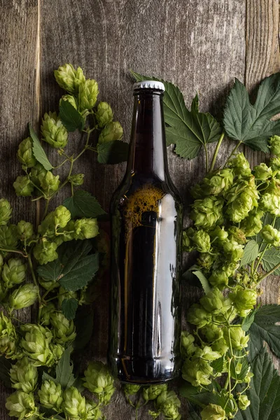 Vista superior de cerveja em garrafa em verde hop em fundo de madeira — Fotografia de Stock