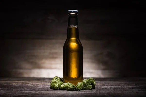 Bière en bouteille et houblon vert sur table en bois dans l'obscurité avec contre-jour — Photo de stock