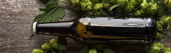 Vista superior de cerveja fresca em garrafa marrom com salto verde sobre fundo de madeira, tiro panorâmico — Fotografia de Stock