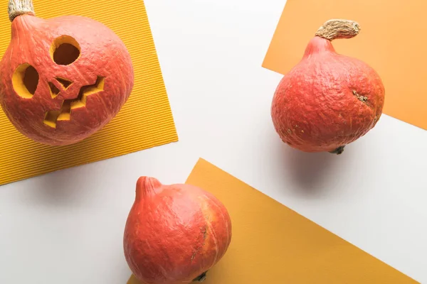 Vue de dessus des citrouilles d'Halloween sculptées sur fond orange et blanc — Photo de stock