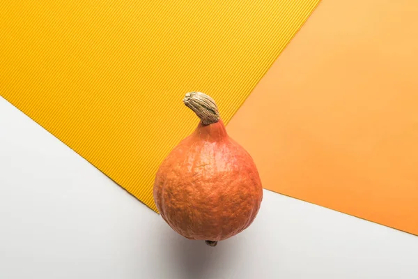 Top view of fresh pumpkin on white and orange background — Stock Photo