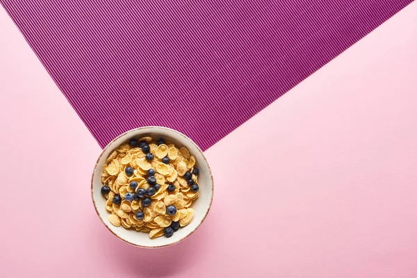 Draufsicht auf Schüssel mit Frühstückszerealien und Blaubeeren auf violettem und rosa Hintergrund — Stockfoto