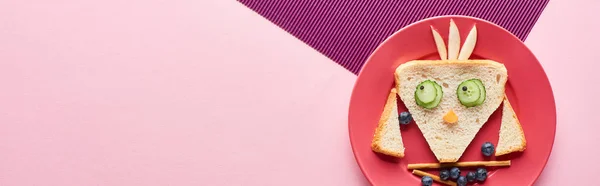 Vista dall'alto del piatto con fantasia uccello fatto di cibo su sfondo rosa e viola — Foto stock