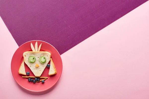 Вид сверху на тарелку с причудливой птицей из еды на розовом и фиолетовом фоне — стоковое фото