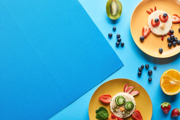 Top view of plates with fancy animals made of food on blue background — Stock Photo
