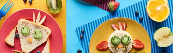 Top view of plates with fancy animals made of food on blue and yellow background, panoramic shot — Stock Photo