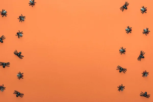 Vista dall'alto di ragni spaventosi su sfondo arancione con spazio di copia — Foto stock
