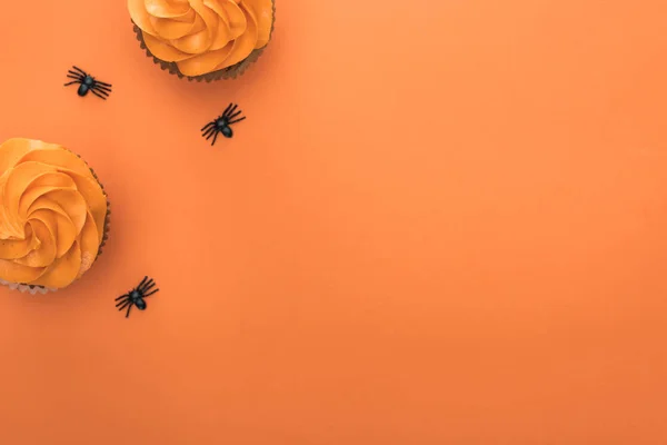 Draufsicht auf köstliche Halloween-Cupcakes mit Spinnen auf orangefarbenem Hintergrund mit Kopierfläche — Stockfoto