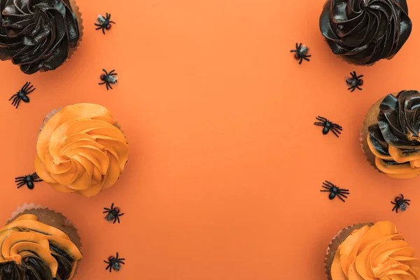 Vista superior de deliciosos cupcakes de Halloween con arañas sobre fondo naranja con espacio de copia - foto de stock
