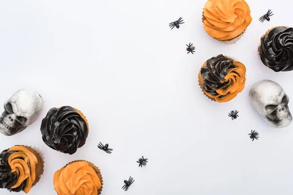 Vue du dessus de délicieux cupcakes d'Halloween avec des araignées et des crânes sur fond blanc — Photo de stock