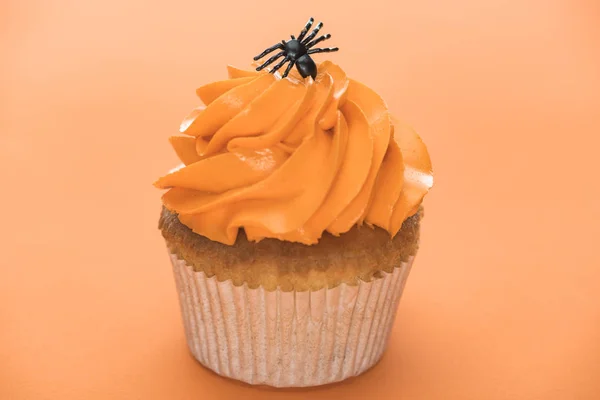 Espeluznante cupcake de Halloween con araña negra sobre fondo naranja - foto de stock