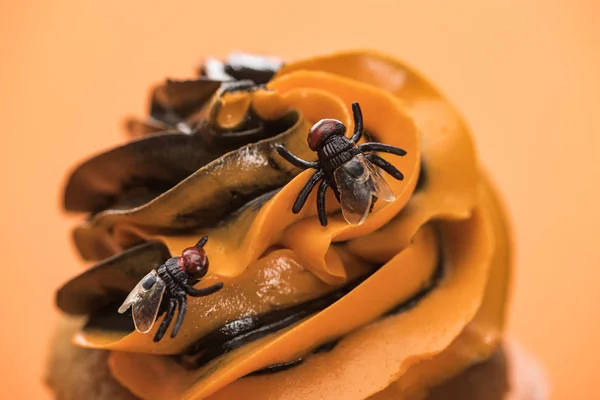 Close up view of spooky Halloween cupcake with flies on cream isolated on orange — Stock Photo
