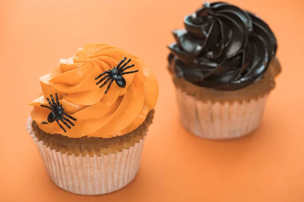 Deliciosos cupcakes de Halloween com aranhas no fundo laranja — Fotografia de Stock