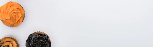 Вид зверху смачні кекси на Хеллоуїн на білому тлі з місцем для тексту, панорамний знімок — стокове фото