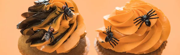 Sabrosos cupcakes de Halloween con arañas sobre fondo naranja, plano panorámico - foto de stock