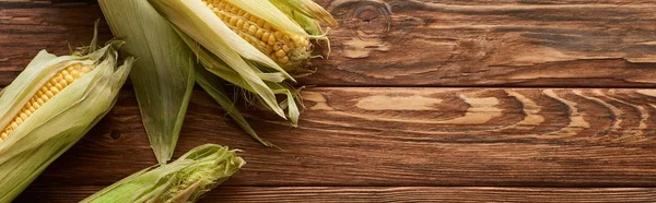 Panoramic shot of raw sweet corn on brown wooden surface — Stock Photo