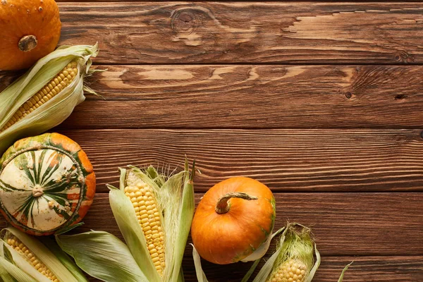 Top view of raw pumpkins and sweet corn on brown wooden surface — Stock Photo