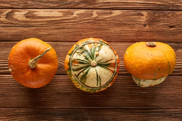 Top view of various fresh pumpkins on wooden surface with copy space — Stock Photo